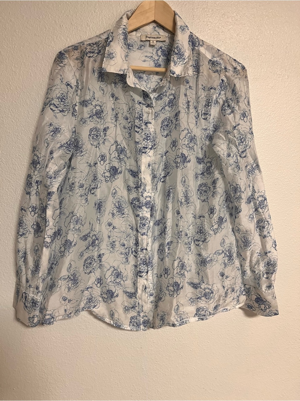 Francesca's Collections White Button-Up Shirt with Blue Floral Sketch Print